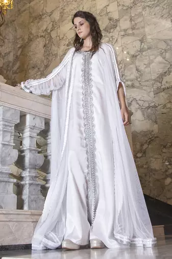 Moroccan long sleeve wedding caftan white with lace work