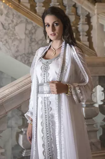 Moroccan long sleeve wedding caftan white with lace work