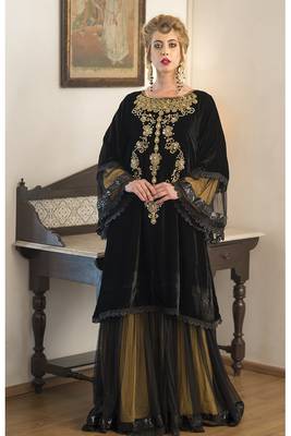 Black and yellow long sleeve embroidery evening dress 1