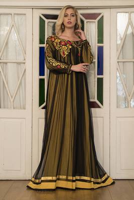 Gold yellow embroidery full sleeve formal maxi dress 1