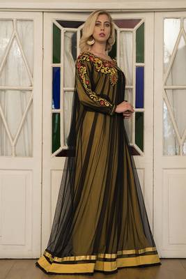 Gold yellow embroidery full sleeve formal maxi dress 2