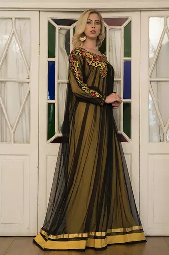 Gold yellow embroidery full sleeve formal maxi dress