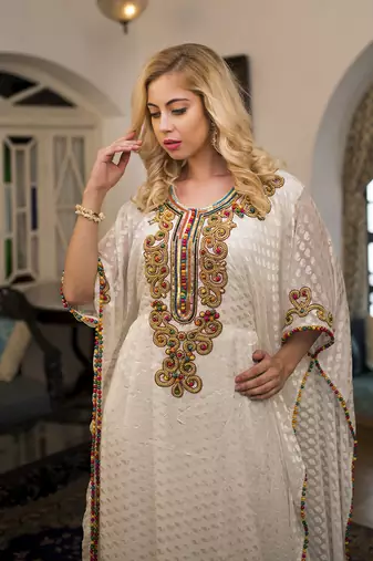 Off white partywear kaftan with multi handwork