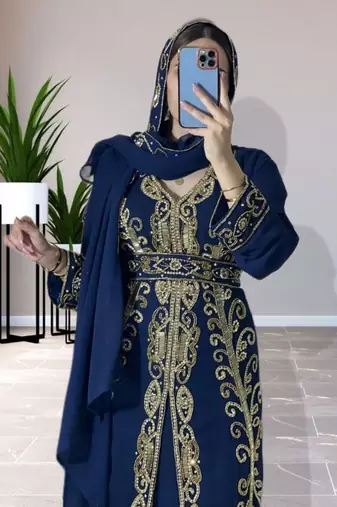 Navy Blue Georgette Zari Work Kaftan For Women 