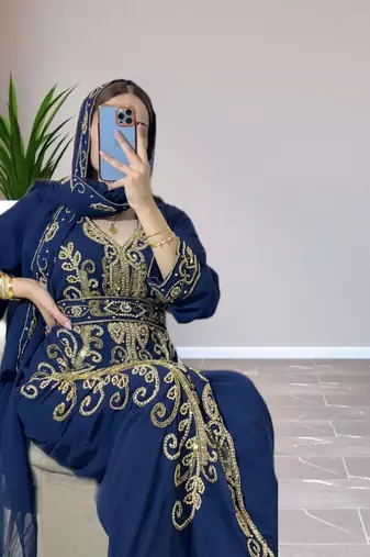 Navy Blue Georgette Zari Work Kaftan For Women 