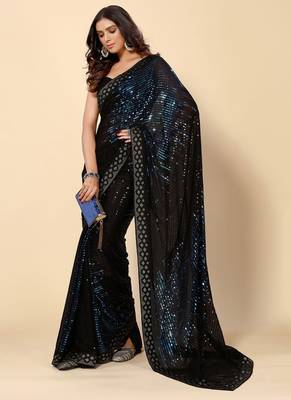  Royal Blue Party wear Georgette saree with stunning Heavy Sequin Embroidery 2