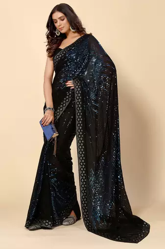  Royal Blue Party wear Georgette saree with stunning Heavy Sequin Embroidery