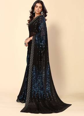  Royal Blue Party wear Georgette saree with stunning Heavy Sequin Embroidery 4
