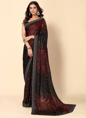 Maroon and Black Party Wear Georgette Saree with Stunning Heavy Sequin Embroidery 1