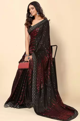 Maroon and Black Party Wear Georgette Saree with Stunning Heavy Sequin Embroidery
