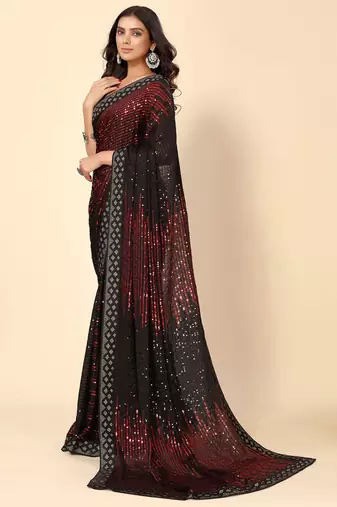 Maroon and Black Party Wear Georgette Saree with Stunning Heavy Sequin Embroidery