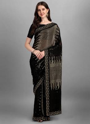 Gold Heavy Georgette Sequence Embroidery Saree 1