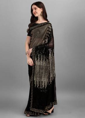 Gold Heavy Georgette Sequence Embroidery Saree 3