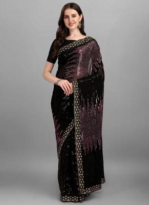 Purple Heavy Georgette Sequence Embroidery Saree 1