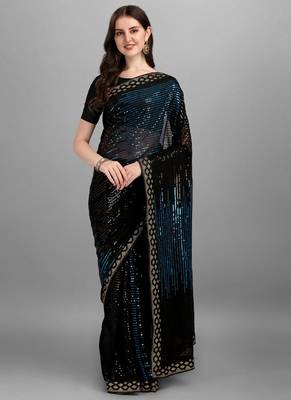 Blue Heavy Georgette Sequence Embroidery Saree 1