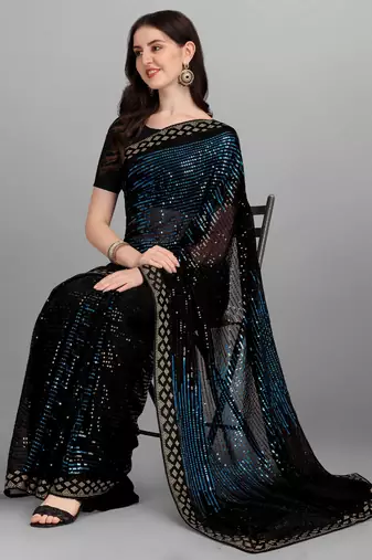 Blue Heavy Georgette Sequence Embroidery Saree