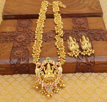 Gold platted ruby temple muvva long necklace with screw back earring 1