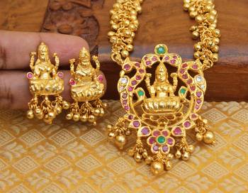 Gold platted ruby temple muvva long necklace with screw back earring 2
