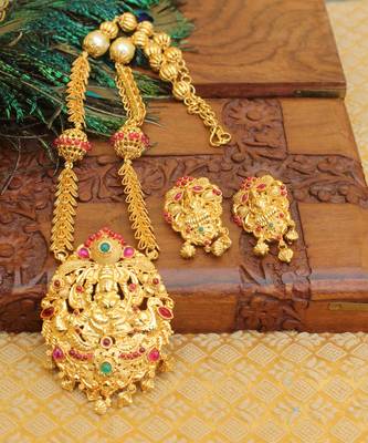 Gold platted ruby temple pearl long necklace with screw back earring 1