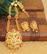 Gold platted ruby temple pearl long necklace with screw back earring