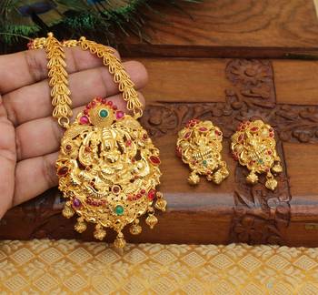 Gold platted ruby temple pearl long necklace with screw back earring 2