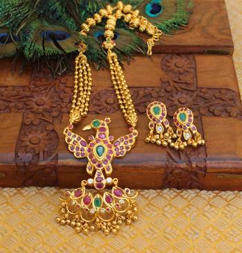 Gold platted ruby peacock long necklace with screw back earring 1