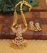 Gold platted ruby peacock long necklace with screw back earring