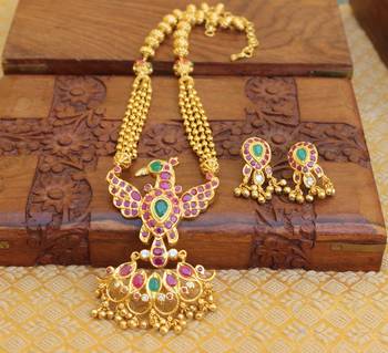 Gold platted ruby peacock long necklace with screw back earring 2