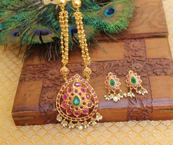 Gold platted ruby long necklace with screw back earring 2