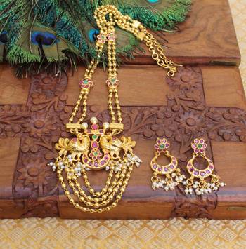 Gold platted ruby peacock long necklace with screw back earring 1