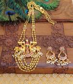 Gold platted ruby peacock long necklace with screw back earring