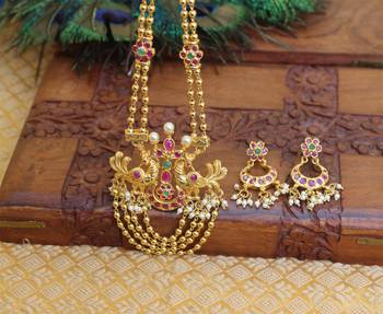 Gold platted ruby peacock long necklace with screw back earring 3