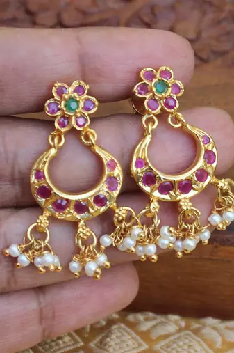 Gold platted ruby peacock long necklace with screw back earring