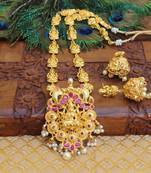 Gold platted kempu pearl temple long necklace with screw back earring