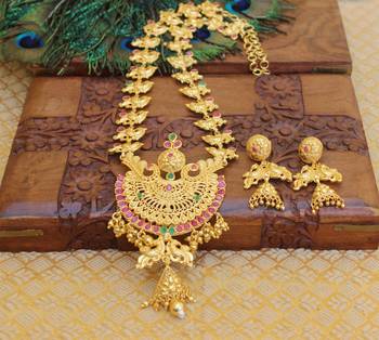 Gold platted ruby peacock long necklace with screw back earring 1