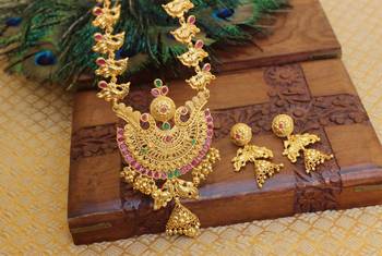 Gold platted ruby peacock long necklace with screw back earring 2