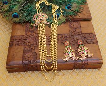 Gold platted ruby layered long necklace with screw back earring 1