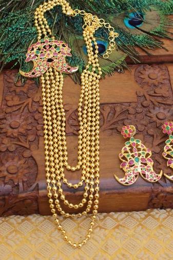 Gold platted ruby layered long necklace with screw back earring