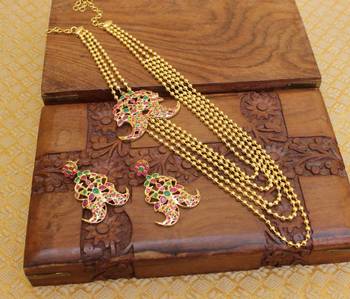 Gold platted ruby layered long necklace with screw back earring 2