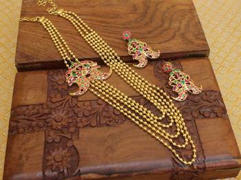 Gold platted ruby layered long necklace with screw back earring 3