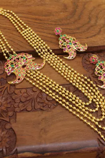 Gold platted ruby layered long necklace with screw back earring