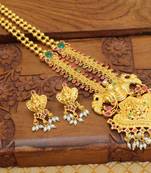 Gold platted kempu temple long necklace with screw back earring