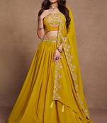 Mustard Yellow Color Thread & Sequins Embroidery Work  Georgette Lehenga Choli For Festival