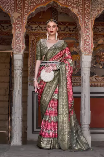 Kimisha women's red silk saree with unstitched blouse piece