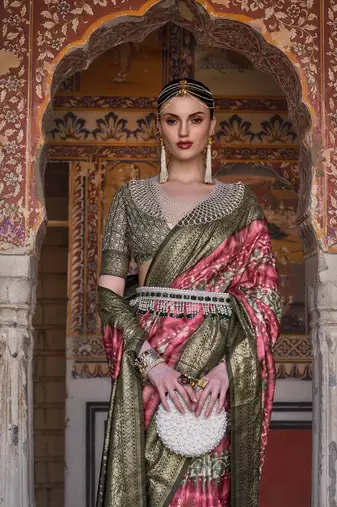 Kimisha women's red silk saree with unstitched blouse piece