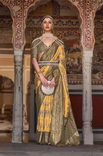 Kimisha women's mustard silk saree with unstitched blouse piece