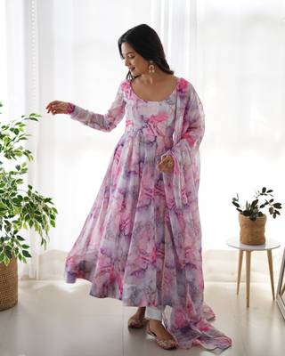 Lavender ColourSoft Organza Tabi Silk Fully Stitched Printed Stitched Gown 3