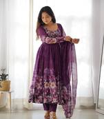 Wine Colour Soft Organza Tabi Silk Fully Stitched Printed Stitched Gown