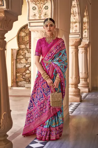 Kimisha women's sky blue silk saree with unstitched blouse piece
