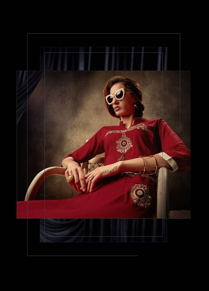 Red Thread Embroidery Rayon Stiched Readymade Gown